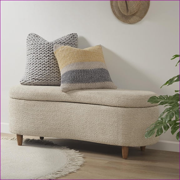 Storage Bench with Flip-Top Storage, Curved Front & Solid Wood Legs | Taupe | Polyester