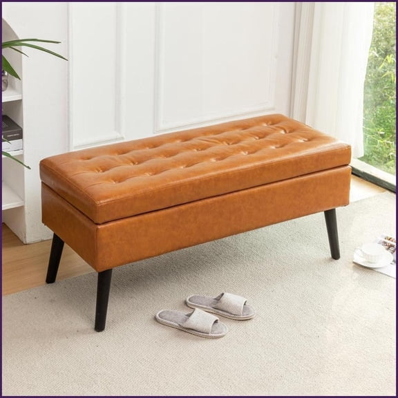 Storage Bench with Lift-Top Storage | Sturdy Wood Frame | Brown PU Leather