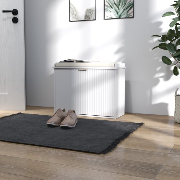 Storage Bench with Soft Cushion, White and Beige
