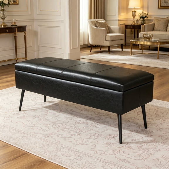 Storage Bench with Steel Legs, Modern Accent PU Leather Ottoman with Storage for Living Room, Bedroom, Entryway, Dining Room, Black