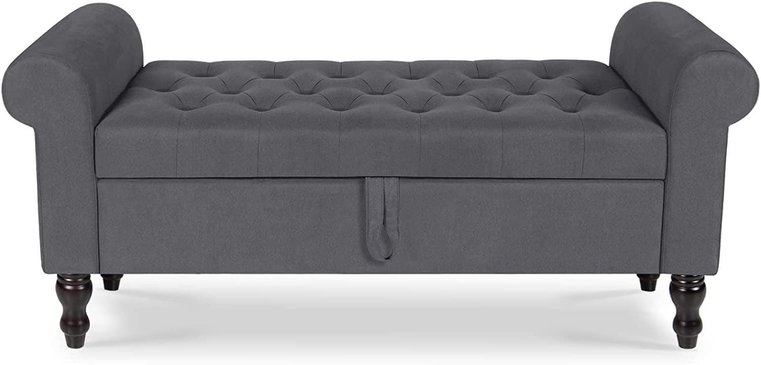 Gray Upholstered Storage Bench with Rolled Arms and Solid Wood Legs