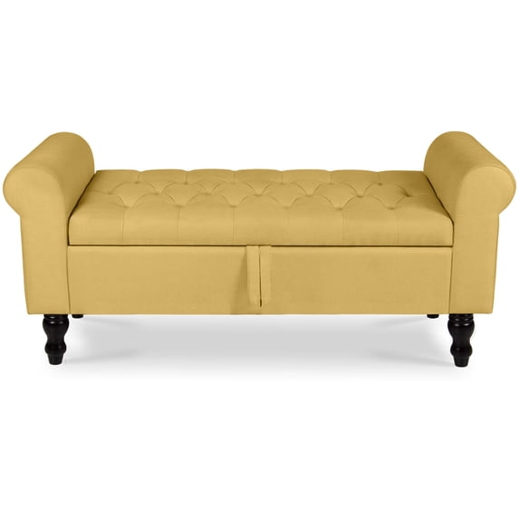 Storage Bench with Upholstered Rolled Arm Ottoman Bench Couch w/ Solid Wood Legs for Bedroom End of Bed,and Living room,Yellow