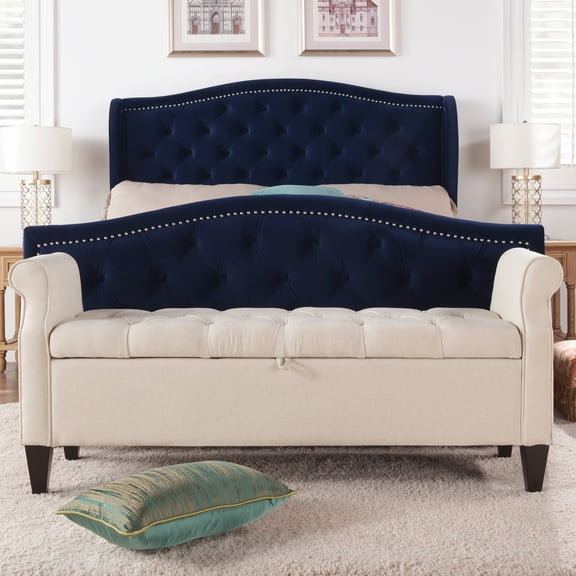Storage Benches Jacqueline 57.5" Tufted Roll Arm Storage Bench, Sky Neutral Beige Polyester,Living Room Storage Benches