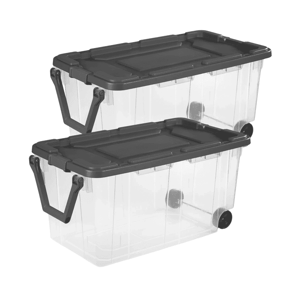 Storage Bin 40 Gallon 160 Qt Wheeled Industrial Tote Plastic Rolling Stacker Storage Box, Tough Lidded Stackable Storage Container for Home, Garage, and Camping Clear Base/Gray Lid 2-pack
