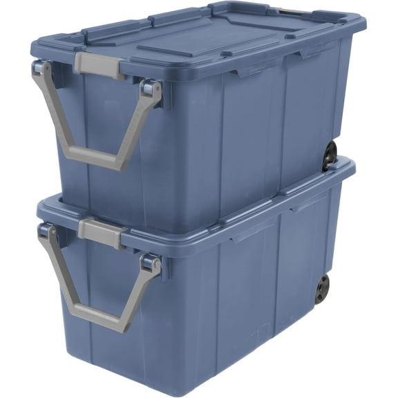 Storage Bin 40 Gallon Plastic Rolling Stacker Storage Box 160 Qt Wheeled Industrial Tote Tough Lidded Stackable Storage Container for Home, Garage, Blue Moonlight Base and Lid 2-PACK