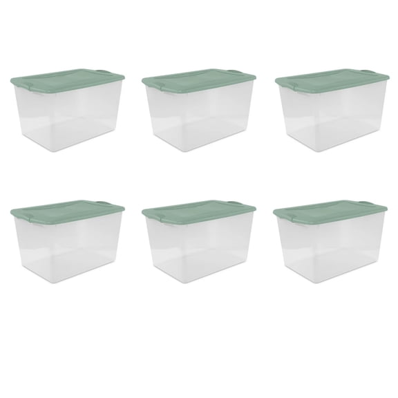 Storage Bin 66 Qt ClearView Latch Box Plastic, Stackable Container with Latching Lid for Clothes in Closet, Clear Base, Green Sage Lid, 6-Pack