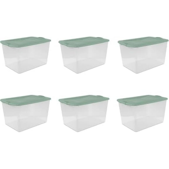 Storage Bin 66 Qt ClearView Latch Storage Box Plastic, Stackable Bin with Latching Lid, Plastic Container to Organize Clothes in Closet, Clear Base,Green Sage Lid, 6-Pack