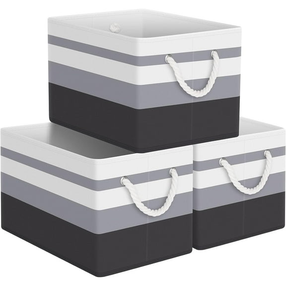 Storage Bin,Collapsible Storage Basket For Organizing,Large Storage Boxes With Rope Handles,Storage Containers,Gradient Grey,3 Pack