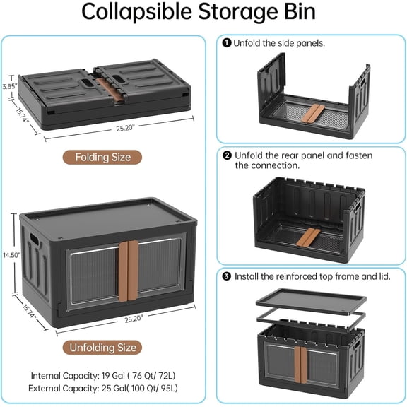 Storage Bin with Lid 19 Gal - Foldable Closet Storage and Organization Plastic Stackable Storage Box with Rollers Black Cube Container for Home Garage Office Craft, 1 Pack