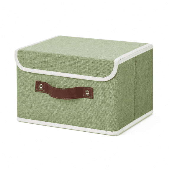 Storage Bin with Lid, Foldable Storage Box with PU Leather Handles, PP Plastic Board & Cotton Linen Fabric, Closet Organizer Basket - Green, Small
