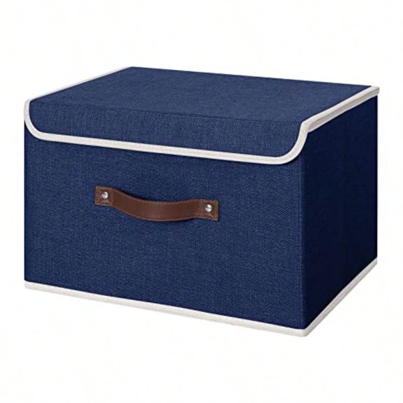 Storage Bin with Lid Storage Boxes with PU Leather Handles PP Plastic Board Decorative Foldable Lidded Cotton Linen Fabric Home Cubes Baskets Closet Organizer Container - Blue Large Size