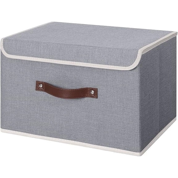Storage Bin with Lid Storage Boxes with PU Leather Handles PP Plastic Board Decorative Foldable Lidded Cotton Linen Fabric Home Cubes Baskets Closet Organizer Container - Gray,