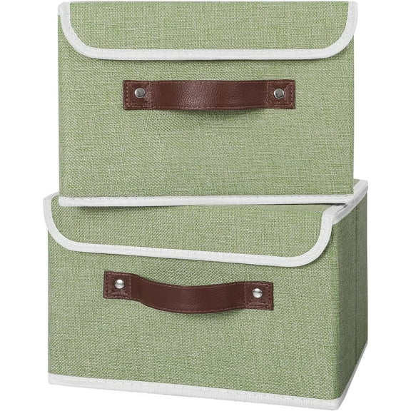 Storage Bin with Lid Storage Boxes with PU Leather Handles PP Plastic Board Decorative Foldable Lidded Cotton Linen Fabric Home Cubes Baskets Closet Organizer Container - Green, Small Size
