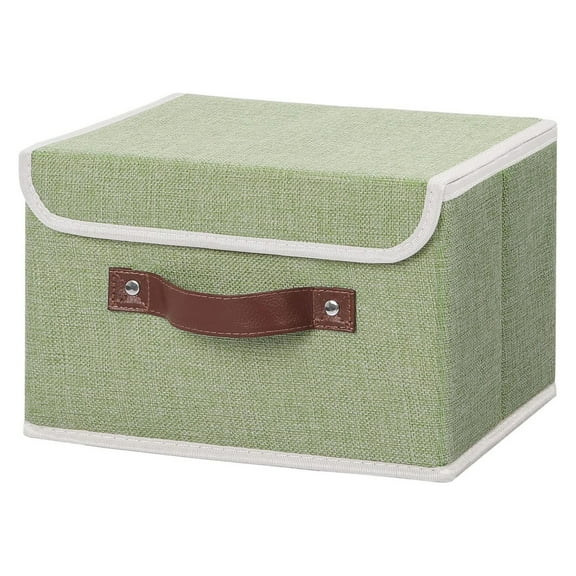 Storage Bin with Lid Storage Boxes with PU Leather Handles PP Plastic Board Decorative Foldable Lidded Cotton Linen Fabric Home Cubes Baskets Closet Organizer Container - Green, Small Size