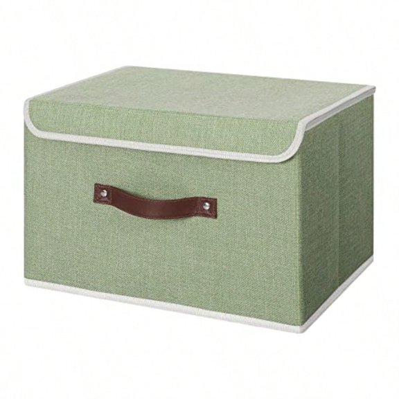 Storage Bin with Lid Storage Boxes with PU Leather Handles PP Plastic Board Decorative Foldable Lidded Cotton Linen Fabric Home Cubes Baskets Closet Organizer Container - Green Large Size