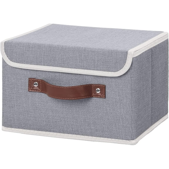 Storage Bin with Lid Storage Boxes with PU Leather Handles PP Plastic Board Decorative Foldable Lidded Cotton Linen Fabric Home Cubes Baskets Closet Organizer Container - Green, Small Size
