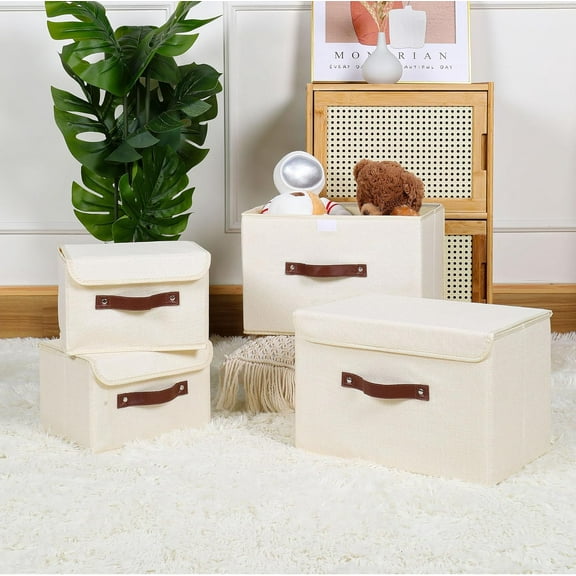 Storage Bin with Lid Storage Boxes with PU Leather Handles PP Plastic Board Decorative Foldable Lidded Cotton Linen Fabric Home Cubes Baskets Closet Organizer Container - Gray, Small Size