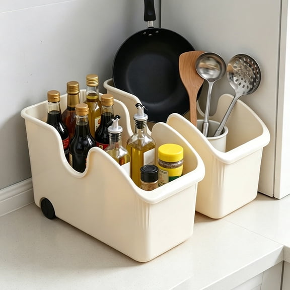 Storage Bin, Plastic Rolling Pull Out Organizer Box for Kitchen Cabinets and Pantry, Under Cabinet Drawer Container with Wheels, Open Top Design