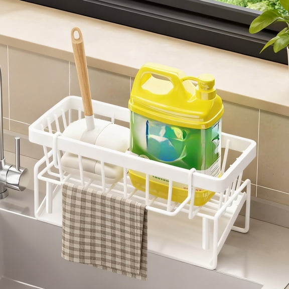 Storage Bin Solid Color Metal Wall Rack, Sink Cleaning Supply Organizer, Two Tier Utility Holder, Kitchen Bathroom Space Saver