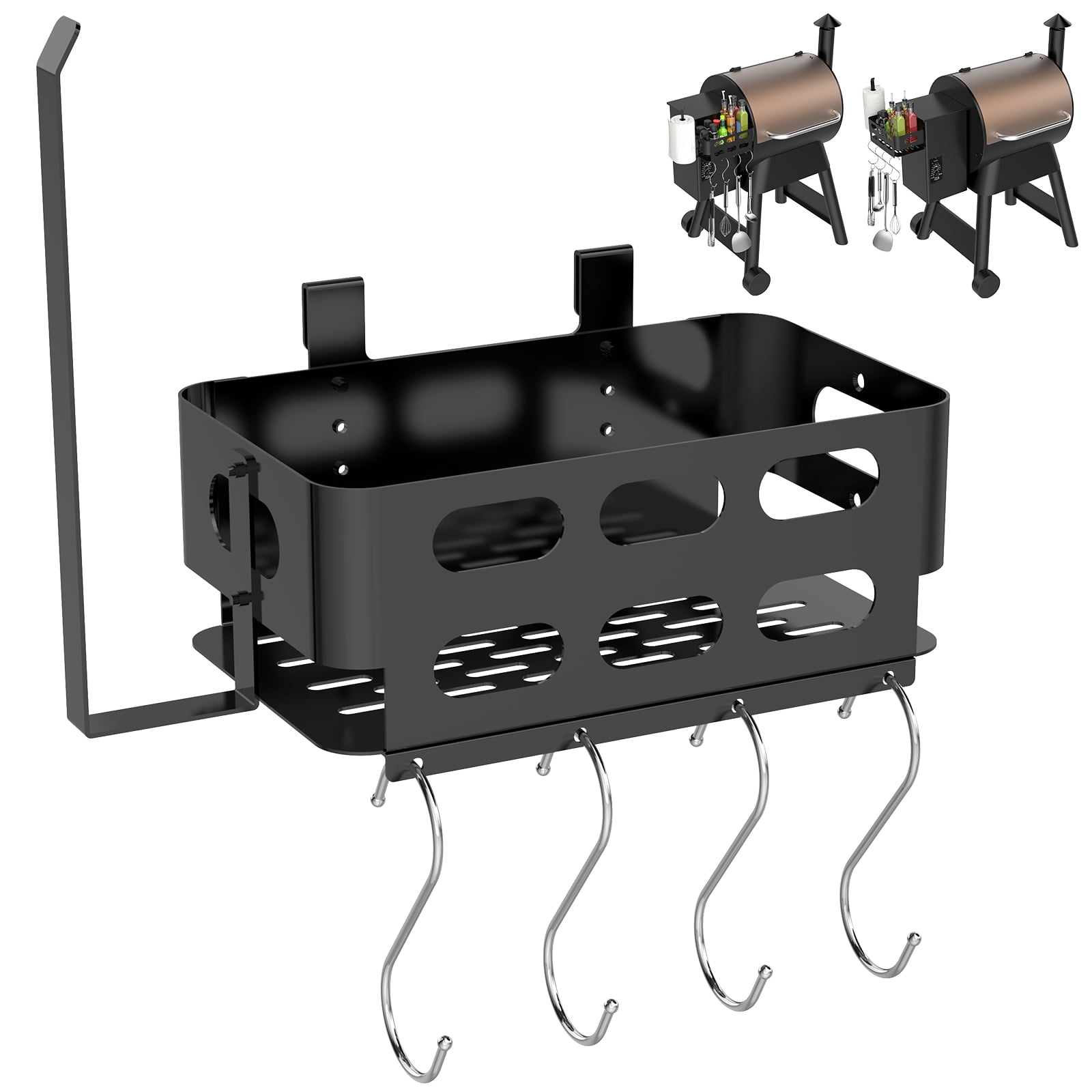Storage Bin with 4 Hooks and Paper Towel Holder for Traeger Pro 22,  34,  575,  780, Ironwood 650 885, Compatible with Pit Boss &  Z Grill & Other