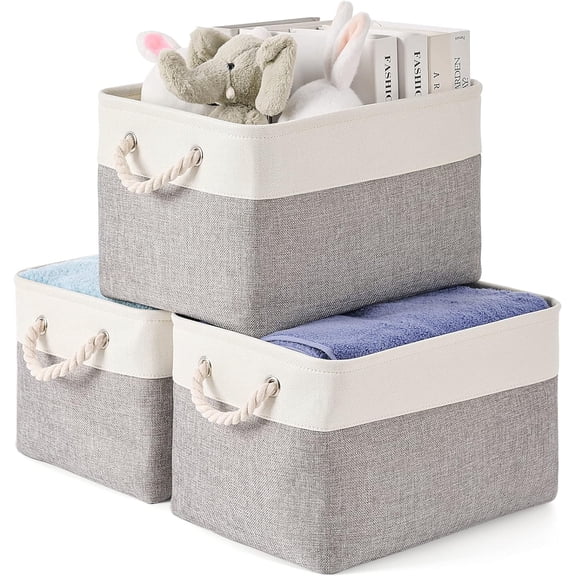 Storage Bins 3 Pack, Fabric Storage Basket for Collapsible Medium Canvas Storage Baskets for Organizing Shelf Nursery Home Closet with Cotton Rope Handle 15(L) x 11(W) x 9.5(H) inch(White&Grey-3PCS)