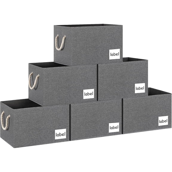 Storage Bins (6 Pack), Closet Storage Bins with Label & Cotton Rope Handles, Large Storage Baskets for Shelves, Storage Baskets for Organizing Nursery, Home, 15"x11"x9.6", Grey