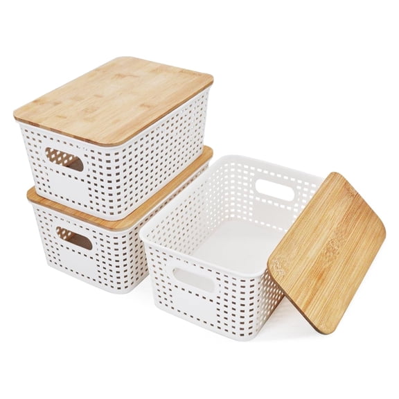 Storage Bins with Bamboo Lid 5L 3Pcs Plastic Storage Basket with Handle 9x6x4inch Woven Storage Tank Stackable Baskets for Kitchen Pantry Bathroom Playroom Office Storage and Organization, White