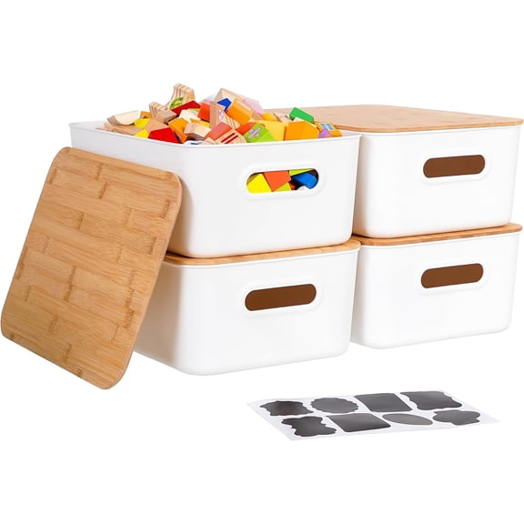 4-Pack 16QT Stackable Storage Bins with Bamboo Lids & Labels, PP5 Plastic Organizer Boxes with Handles for Home Office Closet