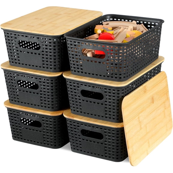 Storage Bins with Bamboo Lids, 6 Pack Plastic Storage Baskets and Storage Containers, Storage Baskets for Organizing Shelves Drawers Desktop Closet Playroom Classroom Office Home, Black
