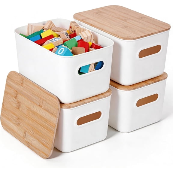 Storage Bins with Bamboo Lids 7QT Plastic Storage Containers Stackable Organizer Boxes with Handle for Desk Snacks, Toys, 4 PCS, 10" L x 7" W x 5.8" H