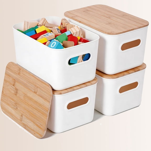 Storage Bins with Bamboo Lids 7QT Plastic Storage Containers Stackable Organizer Boxes with Handle for Desk Snacks, Toys, 4 PCS, 10" L x 7" W x 5.8" H