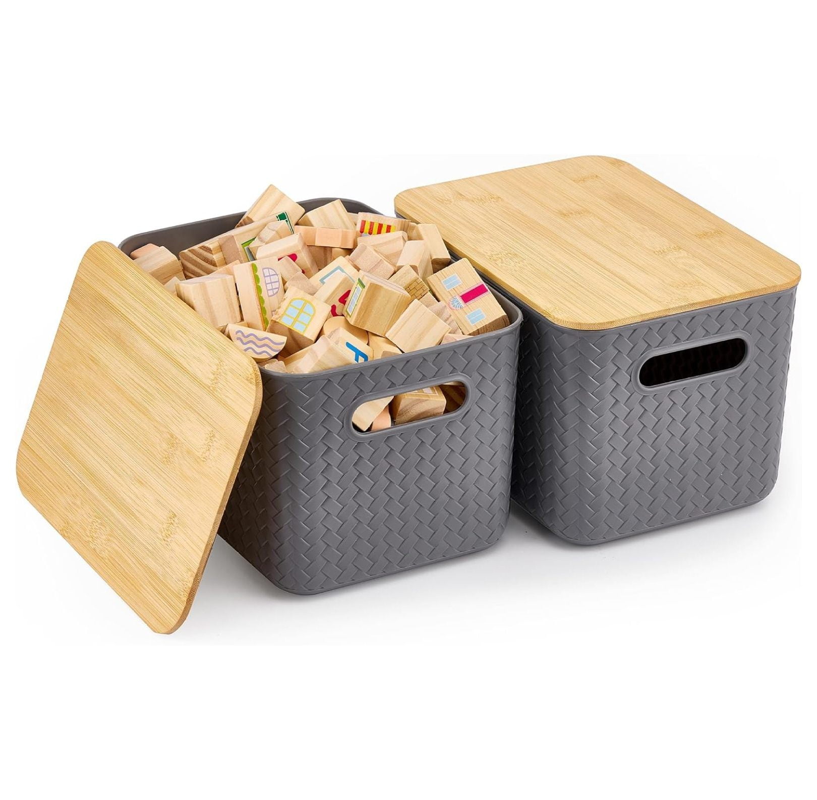 Storage Bins with Bamboo Lids Plastic Storage Containers with Lids Stackable Storage Box