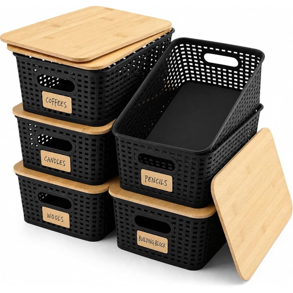 Container Plastic Storage Bins with Bamboo Lids Set of 6 Lidded Storage Container Plastic ...