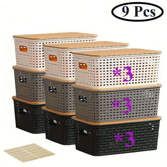 Storage Bins with Bamboo Lids Set of 9 Lidded Storage Container Plastic Stackable Baskets Bonlting Organizer Bins with Label for Organizing Kithen Room Bedroom Office Closet (White&Grey&Black)