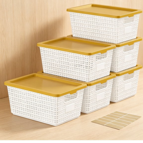 Storage Bins Baskets with Lids 6 Pack, Stackable Organizer Bins for Small Spaces, Pantry, Closet & Bathroom, Secure Snap Lids, Plastic Storage Containers for Shelf Organization, White
