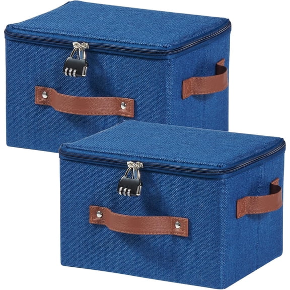 Storage Bins Boxes with Zipper Lid Combination Lock PU Leather Handles Cotton Linen Fabric Lidded Lockable Baskets Foldable Washable Closet Shelf Organizer Container (Black, Small)