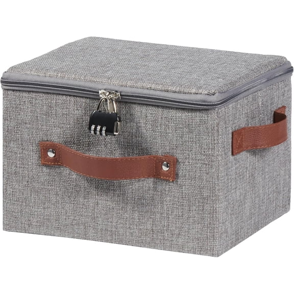 Storage Bins Boxes with Zipper Lid Combination Lock PU Leather Handles Cotton Linen Fabric Lidded Lockable Baskets Foldable Washable Closet Shelf Organizer Container (Black, Small)