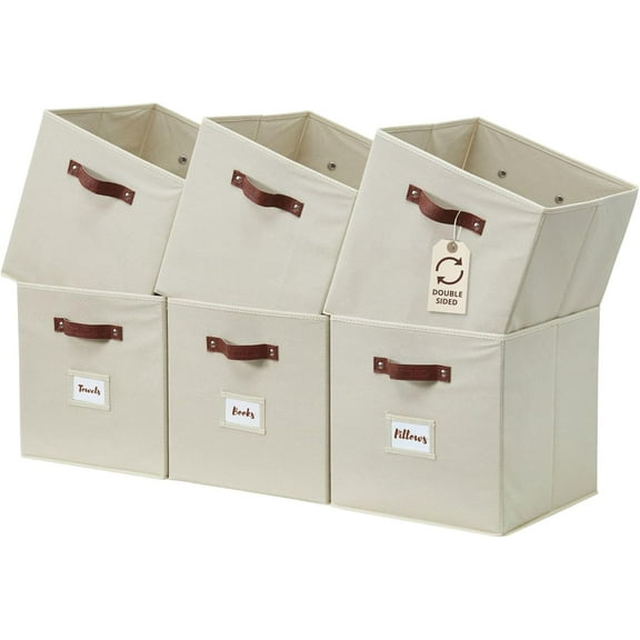 Storage Bins, Cube Bin with Labels, Fabric Cubes for Shelves (10.5" x 11" / 6pcs, Beige)