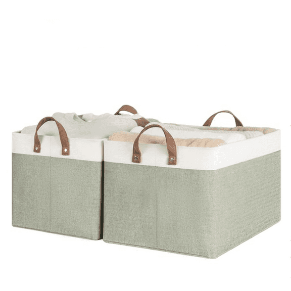 Storage Bins, Fabric Storage Bins for Shelves, Extra Large Storage Baskets with Metal Frame, Closet Baskets an Bins with Handles, Jumbo, Green an White, 2-Pack