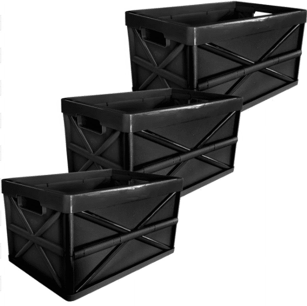 Storage Bins Folding Plastic Stackable Utility Crates, Solid Wall, No Lid, 3 Pack, Black