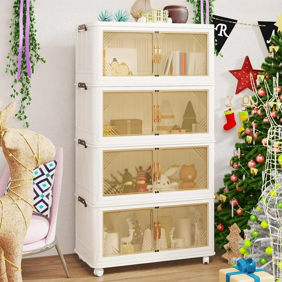 Storage Bins with Lid, 111 Gal/444 Qt, 4 Pack Large Stackable Storage Bins with Lid, White Collapsible Storage Bins with Wheels, Foldable, Customizable, for Home Office Organization