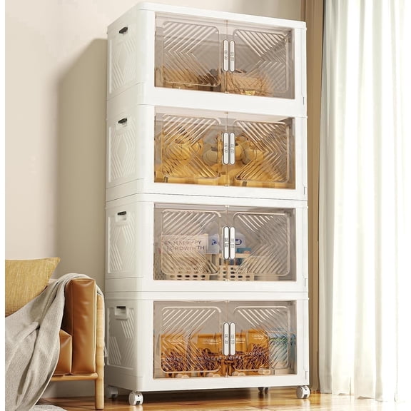 Storage Bins with Lid 120QT, Stackable Storage Containers with Wheels and Magnetic Doors, Plastic Clothes Closet Organizers and Storage Box for Home and Office (4 Pack)