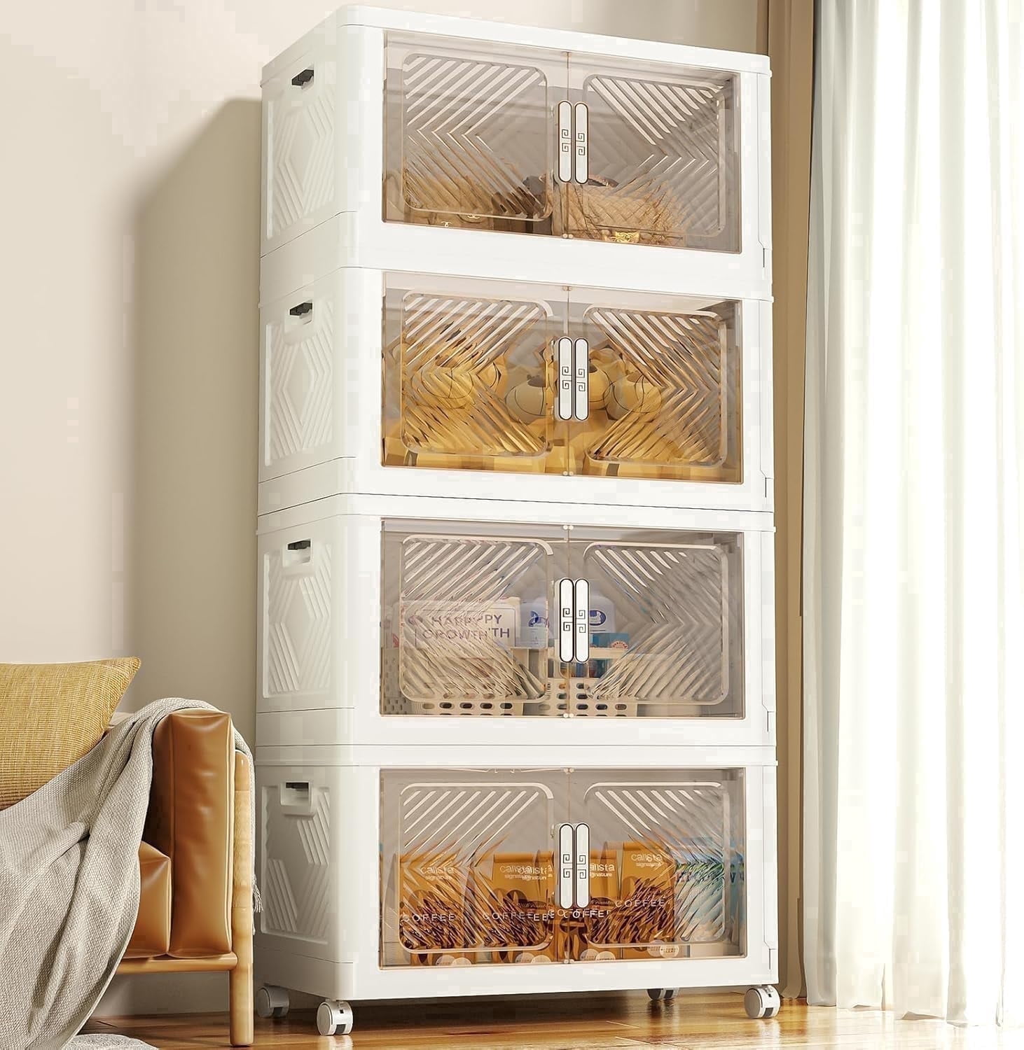 Storage Bins with Lid 4 Pack 120QT, Stackable Storage Containers with Wheels and Magnetic Doors, Plastic Clothes Closet Organizers and Storage Box for Home and Office