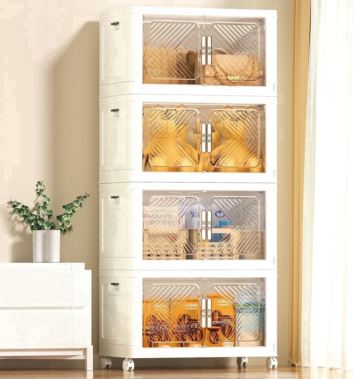 Storage Bins with Lid 4 Pack 76QT, Stackable Storage Containers with Wheels and Magnetic Doors, Plastic Clothes Closet Organizers and Storage Box for Home and Office
