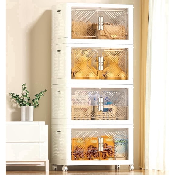 Storage Bins with Lid 4 Pack 76QT, Stackable Storage Containers with Wheels and Magnetic Doors, Plastic Clothes Closet Organizers and Storage Box for Home and Office