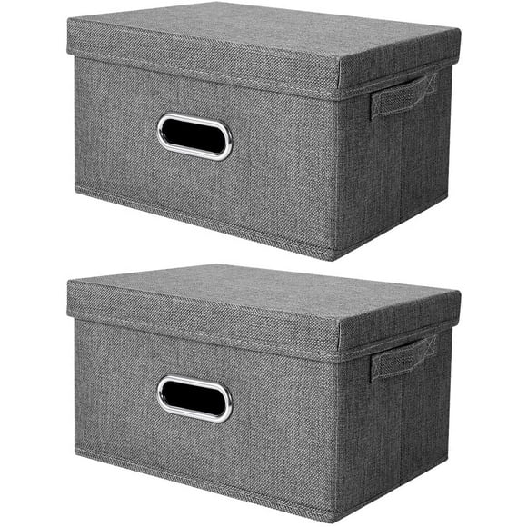 Storage Bins with Lid, Foldable Linen Fabric Storage Boxes with Dual Handle, Collapsible Closet Organizer Containers with Cover for Home Bedroom Office Toys Storage, 2-Pack, Gray
