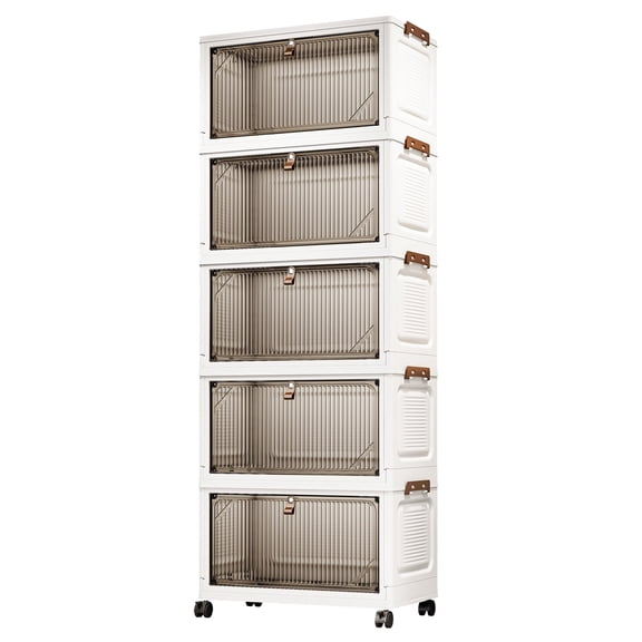5-Tier Collapsible Plastic Storage Bins with Magnetic Doors, 36QT Stackable Organizers with Locking Wheels & Side Latches – Foldable Storage Containers for Bedroom, Office, Dorm Room