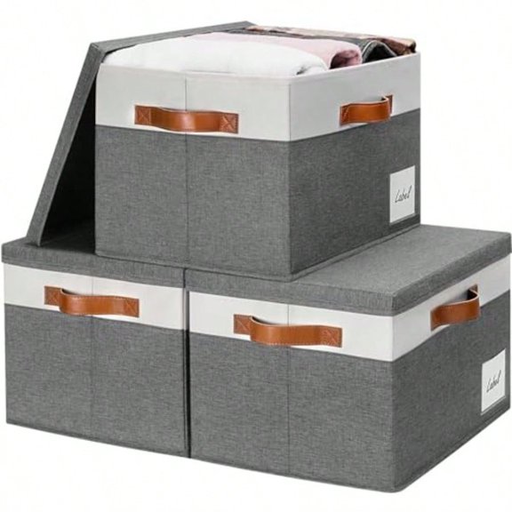 Storage Bins with Lids 3 Pack Large Storage Baskets with Lids and Label Foldable Fabric Storage Boxes with 3 PU Handles for Organizing Shelves Home Nursery Office Grey 15x11x9.6