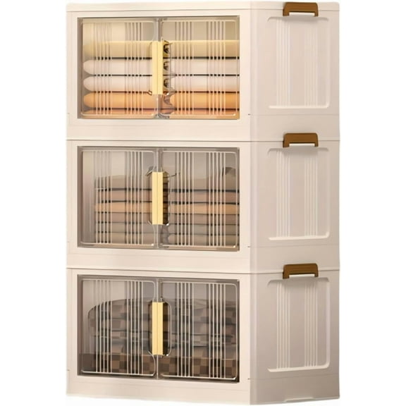 Storage Bins with Lids, 3 Tier 180 QT Stackable Plastic Storage Bins, Foldable Storages Boxes with Magnetic Doors and Wheels for Clothes, Snacks, Books, Folding Containers for Home Office