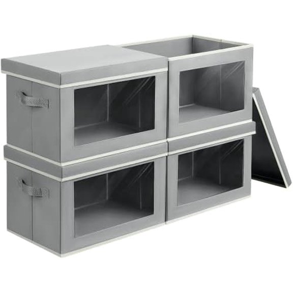 Storage Bins with Lids, 4 Pack Large Storage Cubes with Window, Closet Bins with Lids & Handles, Fabric Box for Organizing Clothes, Towels, Books, Grey